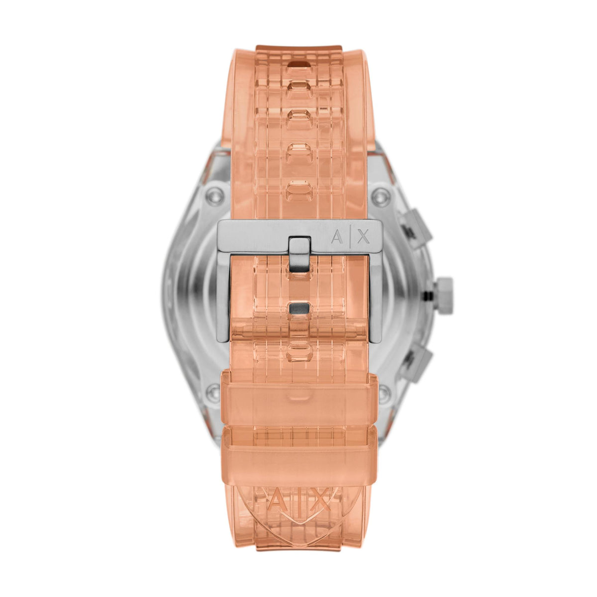 Men's chronograph watch with orange polyurethane strap and silver-toned case back