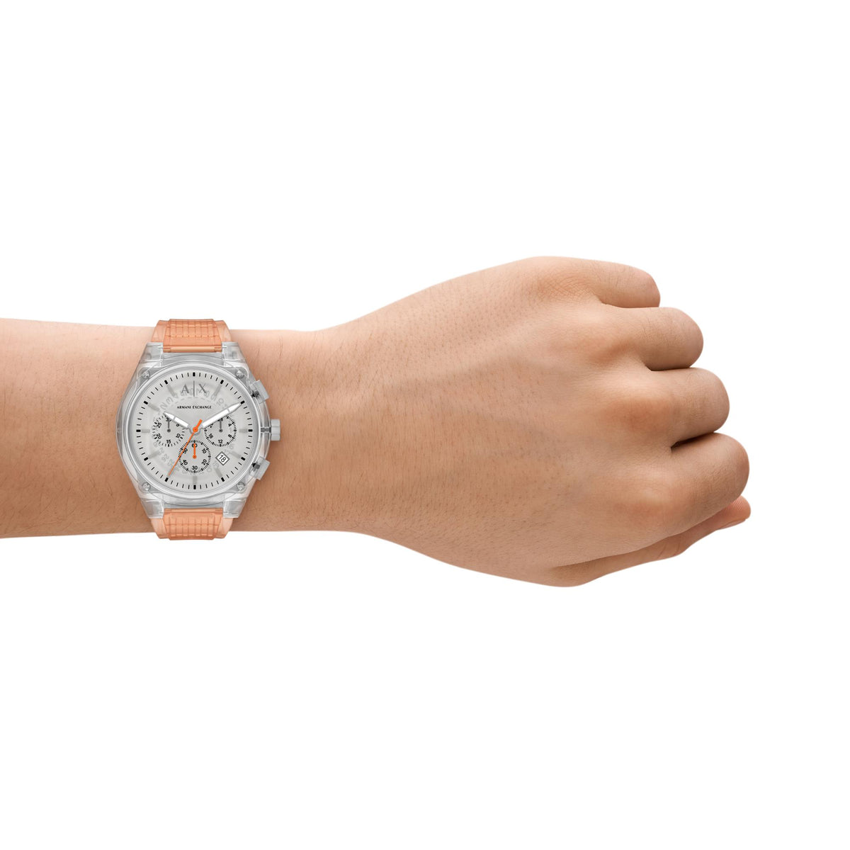 Men's chronograph watch on wrist with grey dial and orange polyurethane strap