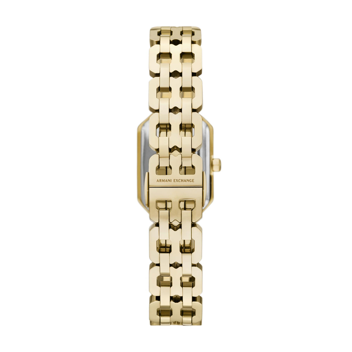 Gold-tone ladies quartz watch back view on link bracelet with rectangular case