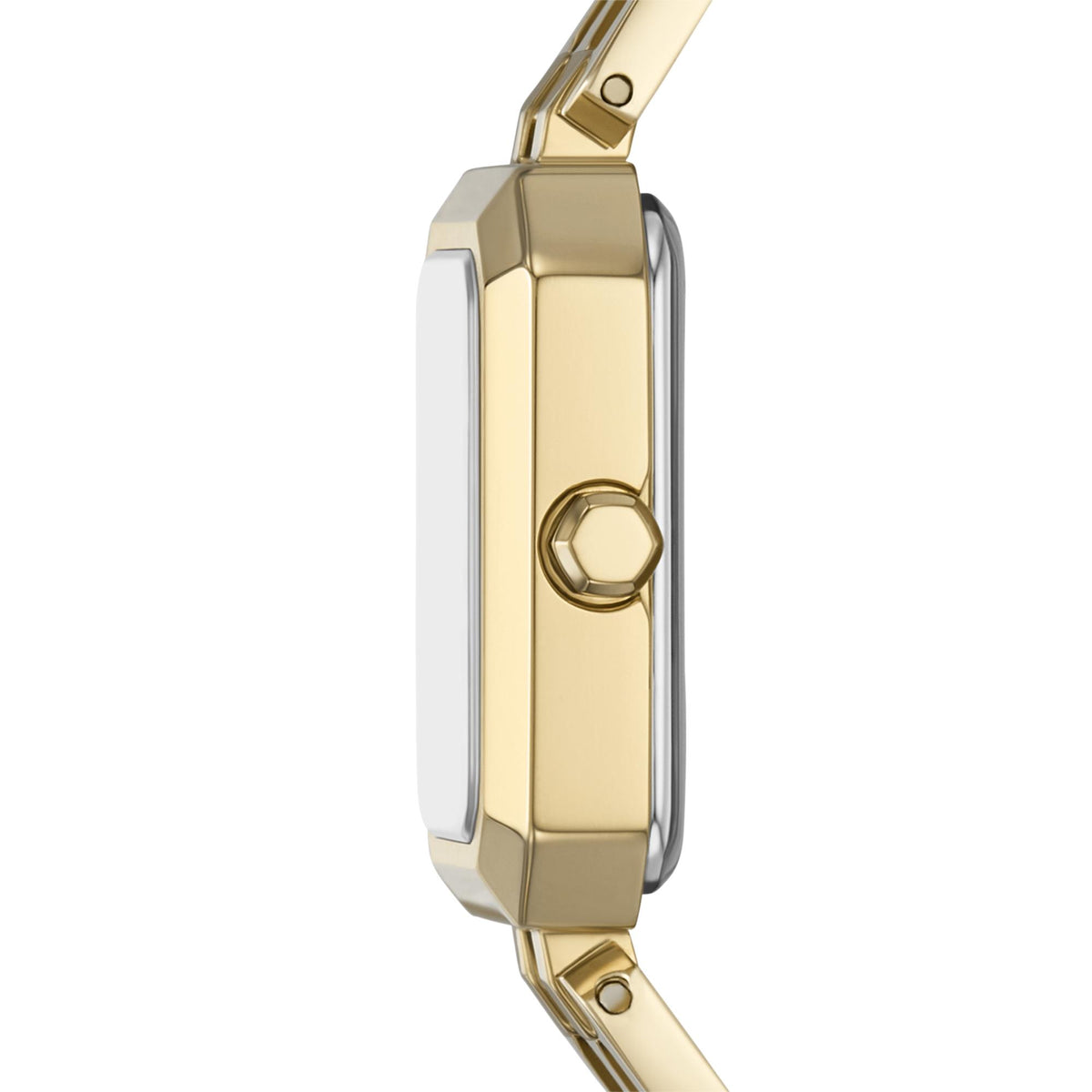 Gold-tone watch case side with crown detail and link bracelet, rectangular profile
