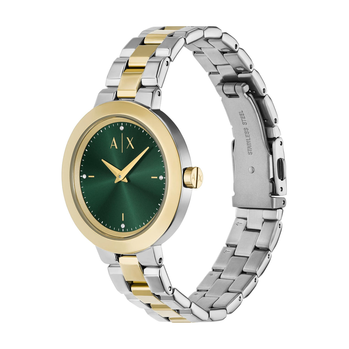 Two-tone stainless steel watch with green dial and gold hour markers on bracelet