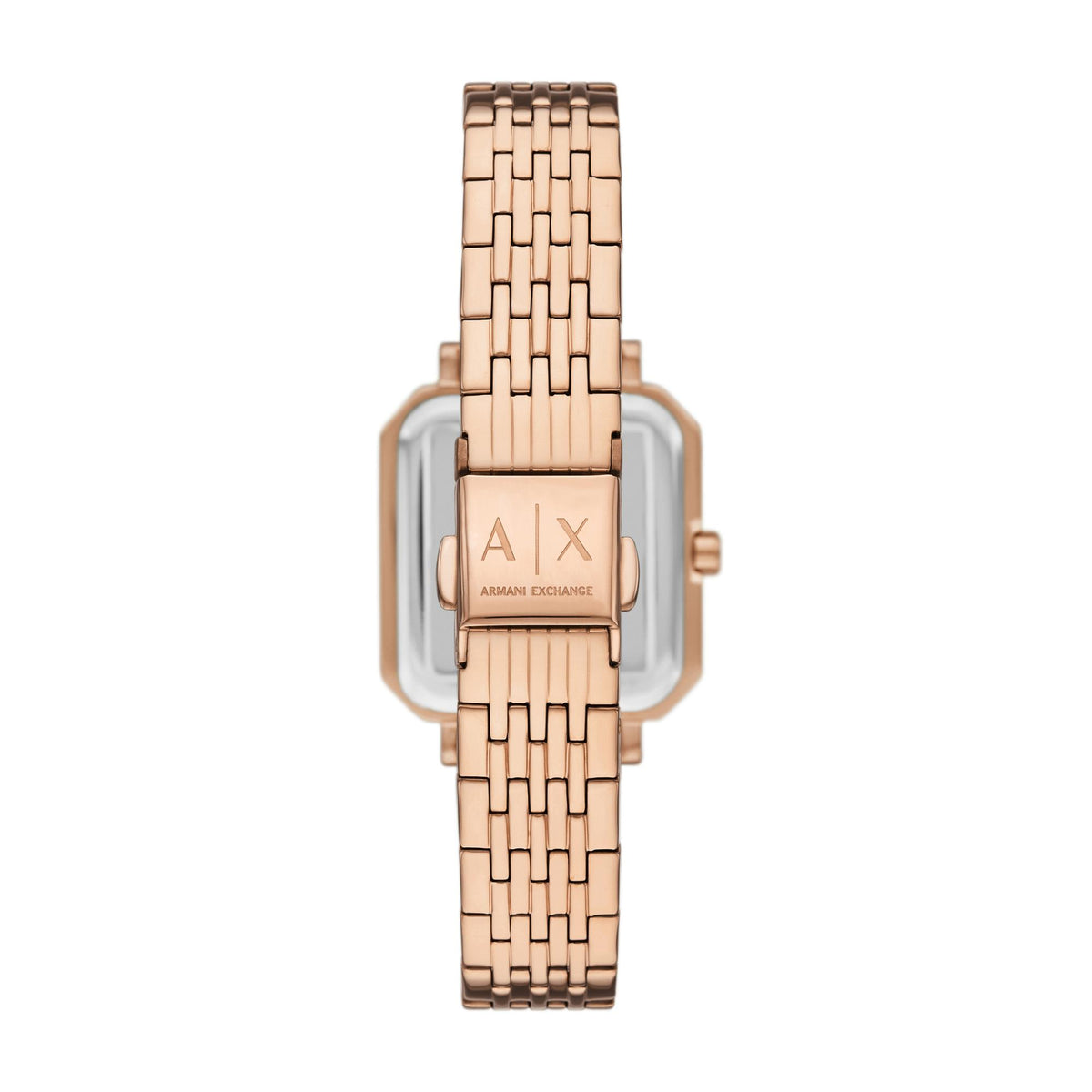 Armani Exchange Leila AX5729 back view displaying steel bracelet foldover clasp with engraved brand logo