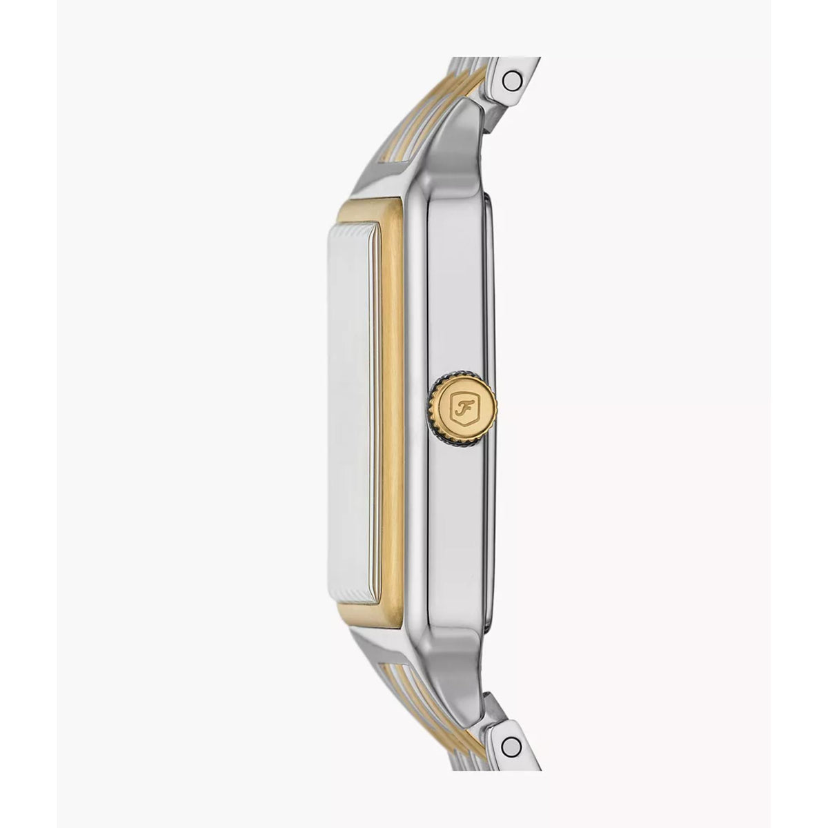 Side profile of the Fossil Raquel ES5368 watch highlighting the slim silver-tone case, gold-tone bezel, and crown