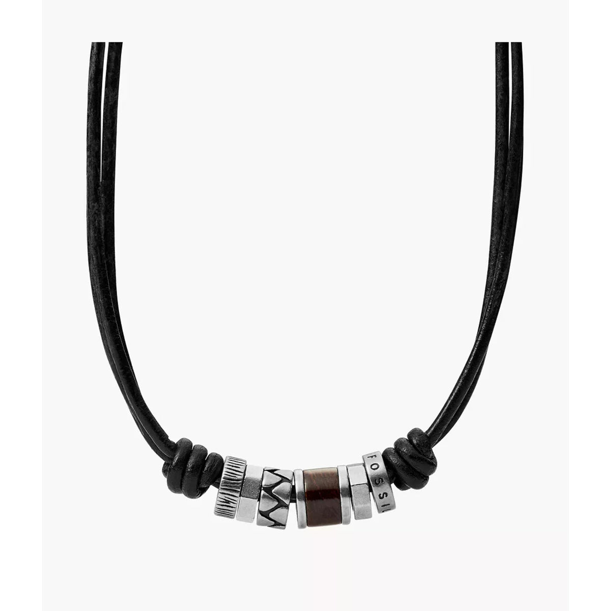 Men's black cord necklace with braided knots and silver-tone bead bar centerpiece