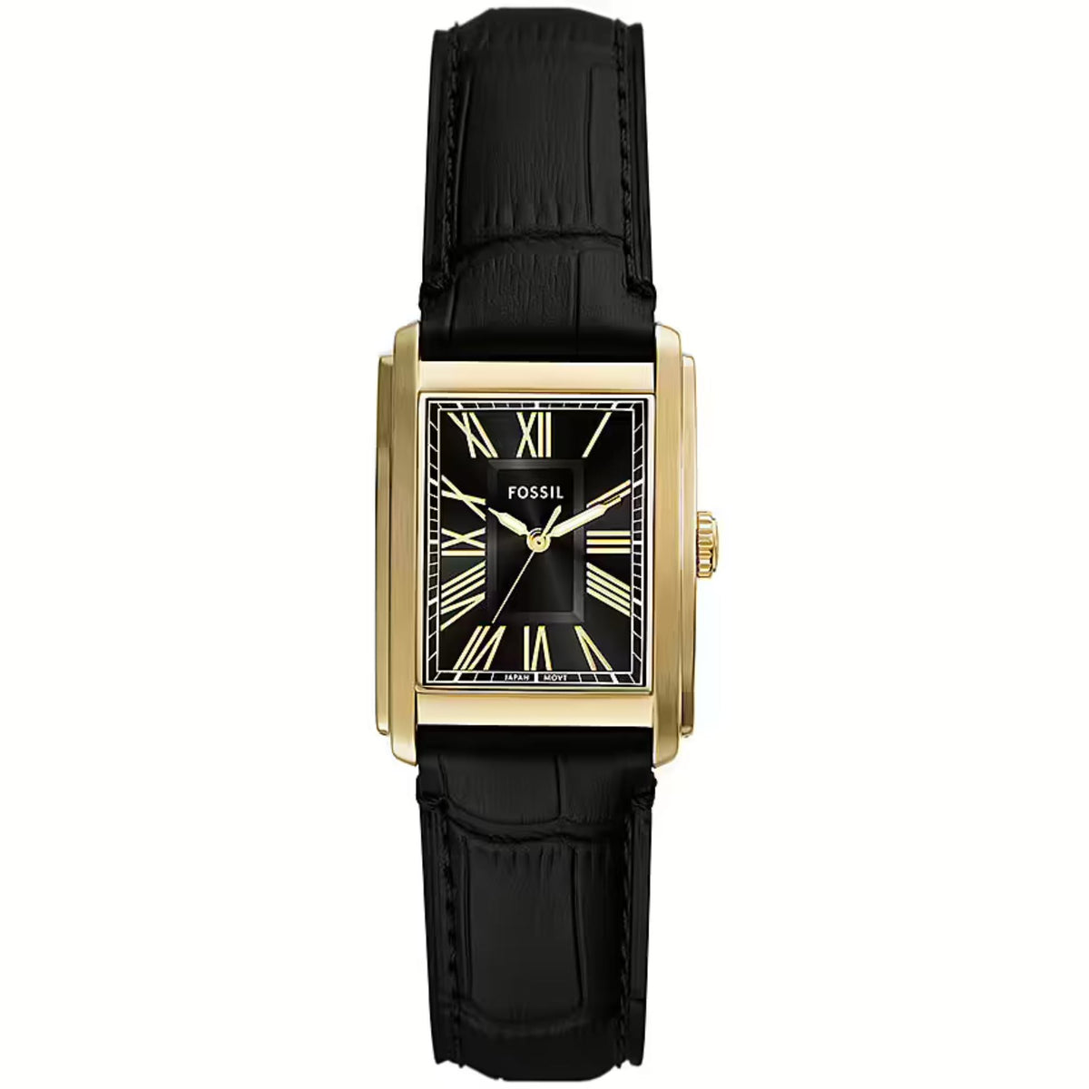 Front view of the Fossil Carraway FS6091 timepiece featuring a rectangular gold case, black dial with Roman numerals, and textured black leather strap