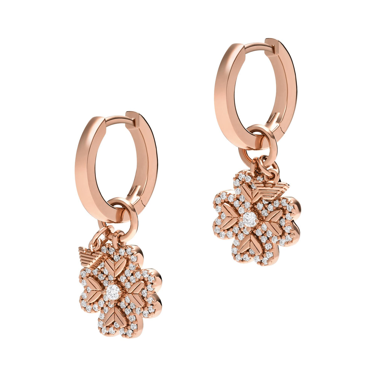 Angled view of Emporio Armani ladies rose gold-tone huggie hoop earrings EG3610221 with crystal-embellished clover charms
