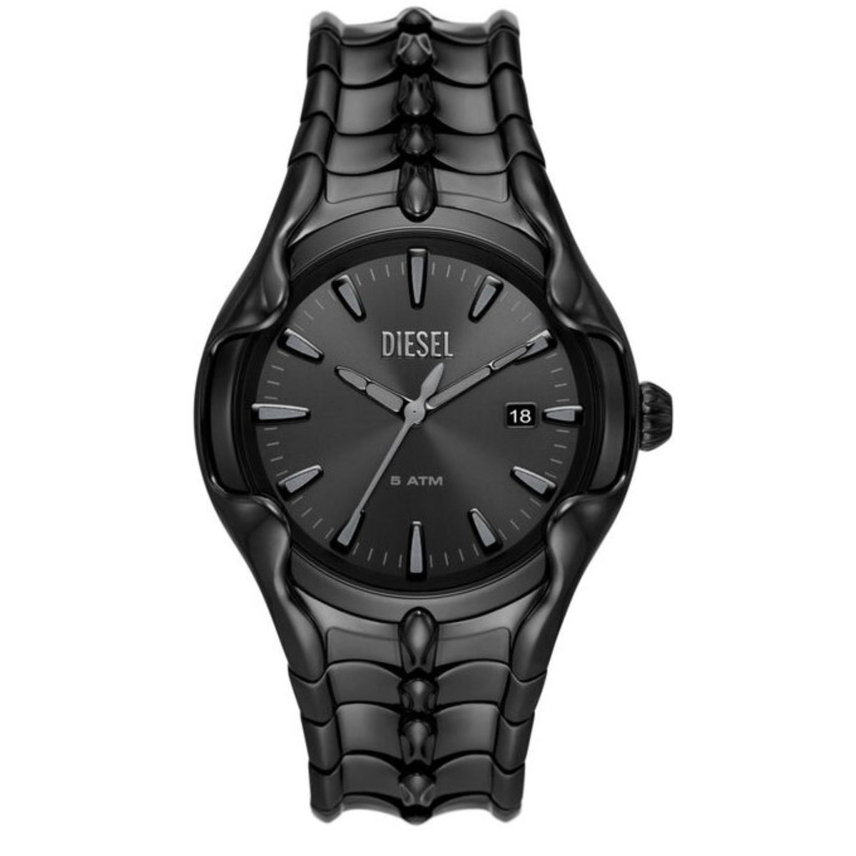 Diesel Vert men's wrist watch with black dial, sculpted black link strap, date window