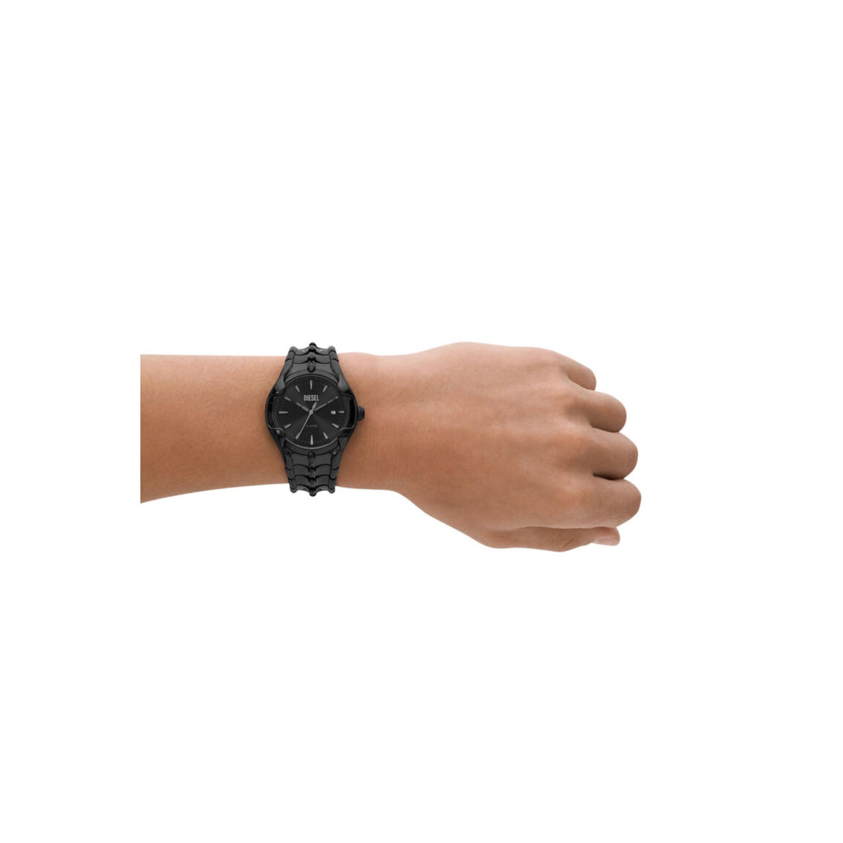 Diesel Vert men's black dial watch on wrist with sculpted black link strap