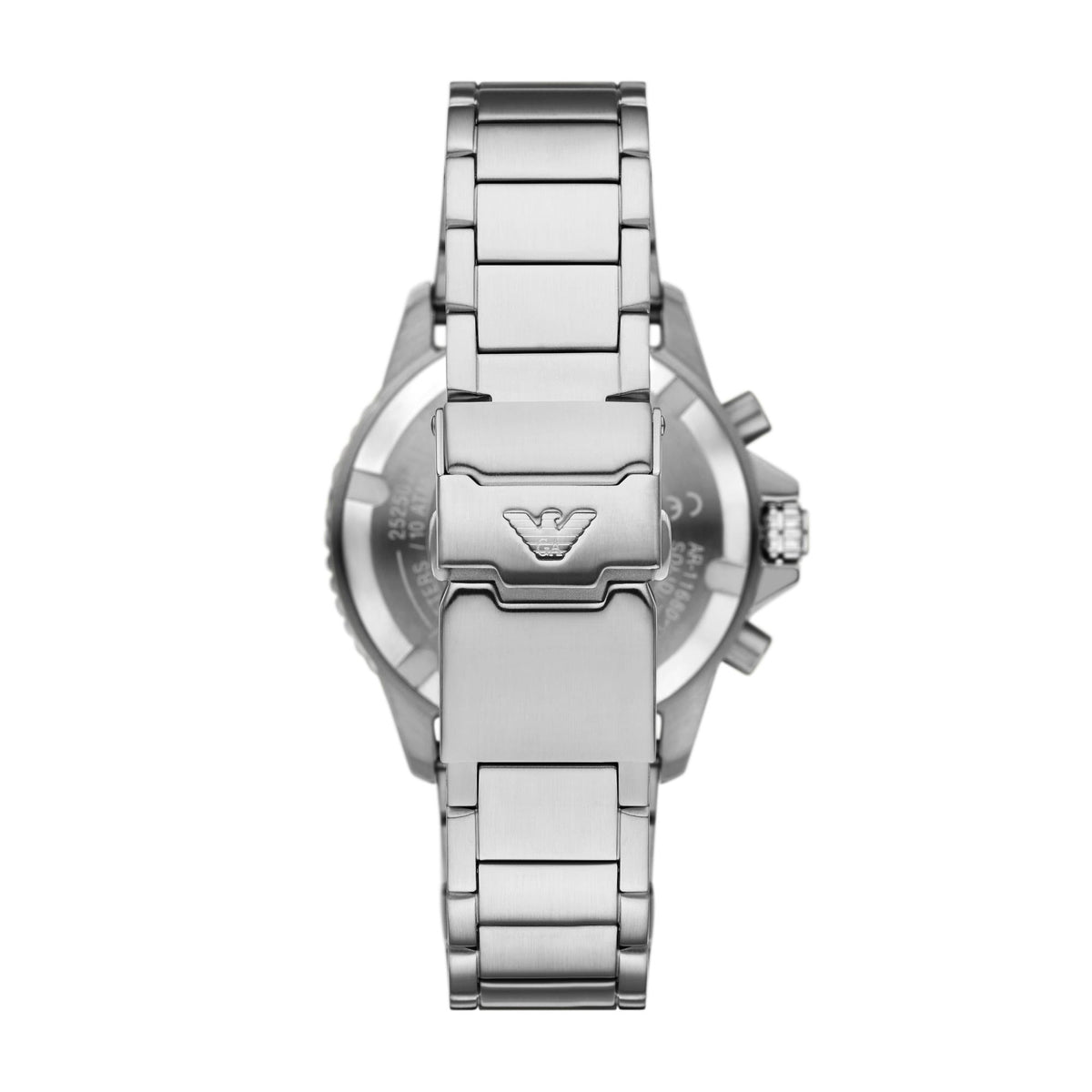 Back view of the Emporio Armani World Explorer AR11681 watch showcasing the steel folding clasp and engraved logo