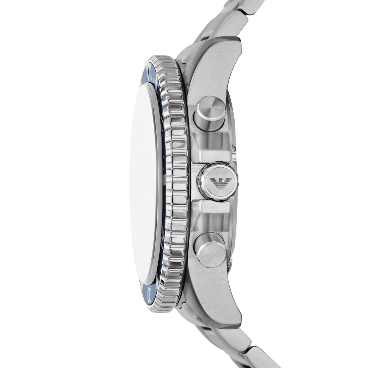 Side view of the Emporio Armani World Explorer AR11681 wrist watch showing the branded crown and dual chronograph pushers