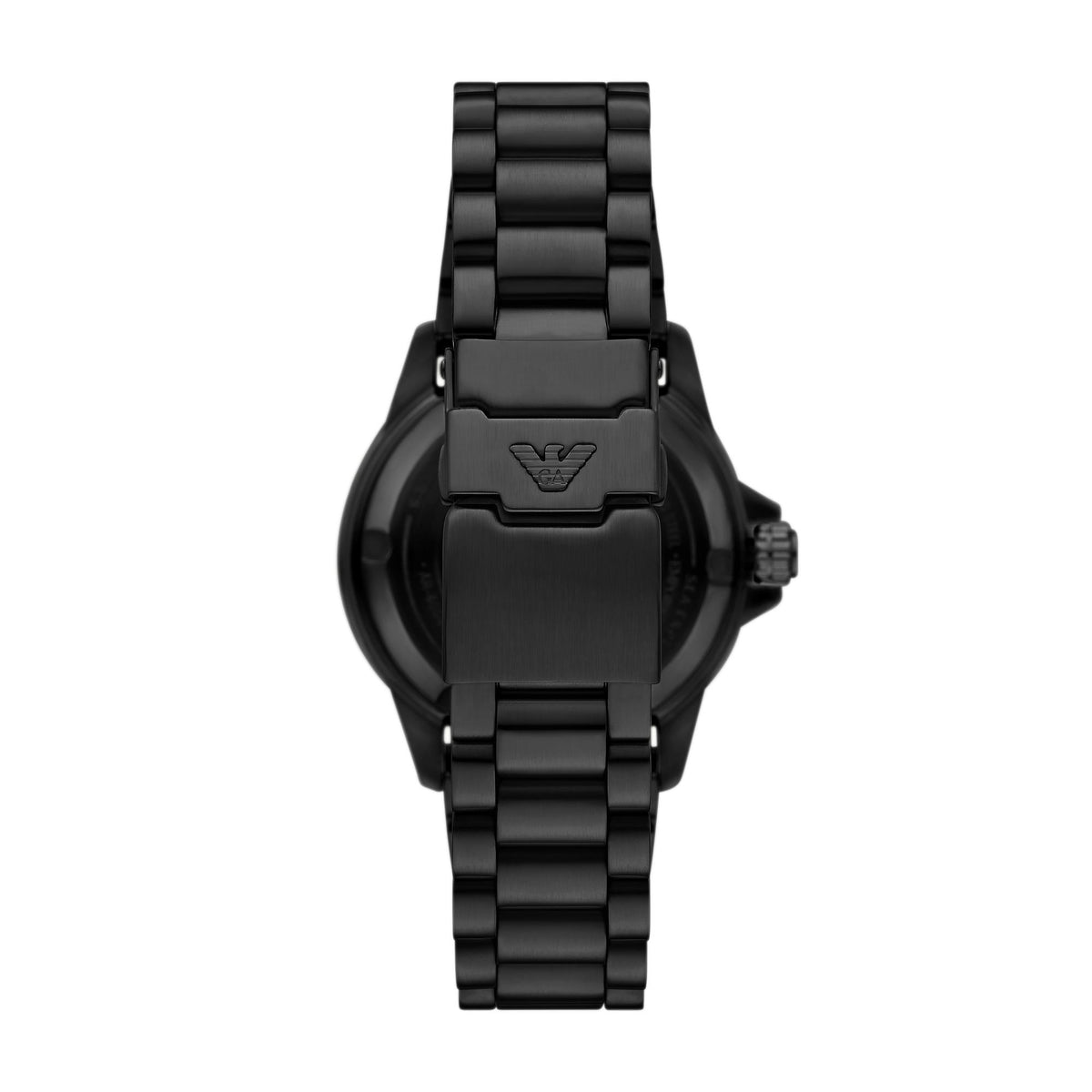 Back view of the Emporio Armani Sea Explorer AR60084 watch showing the black steel clasp with logo detailing