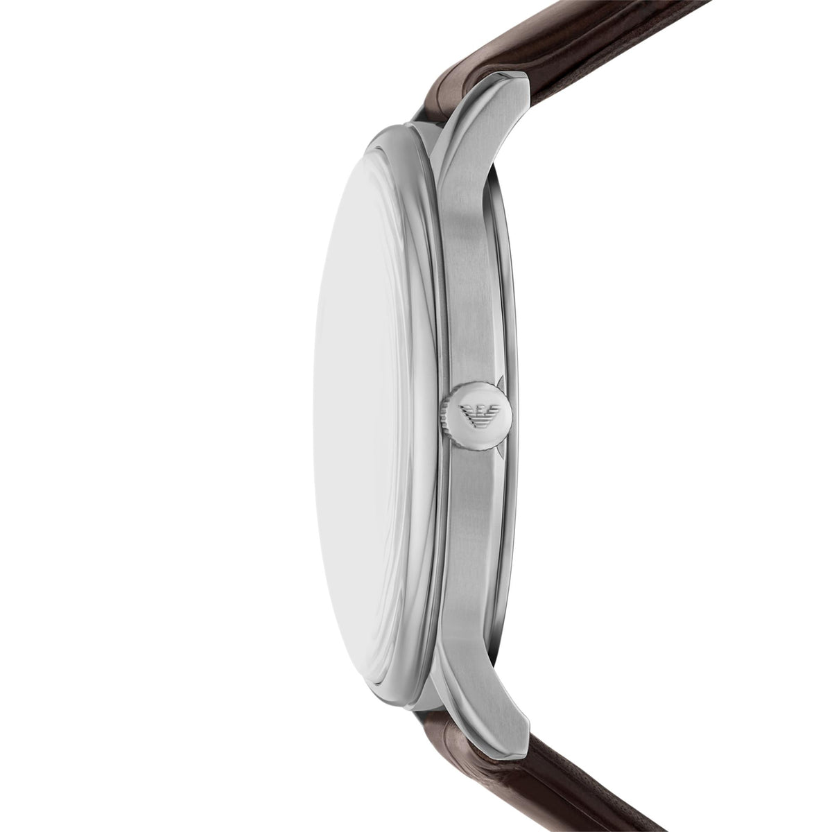 Side profile view of the Emporio Armani Minimalist AR11672 slim steel watch case highlighting the branded crown