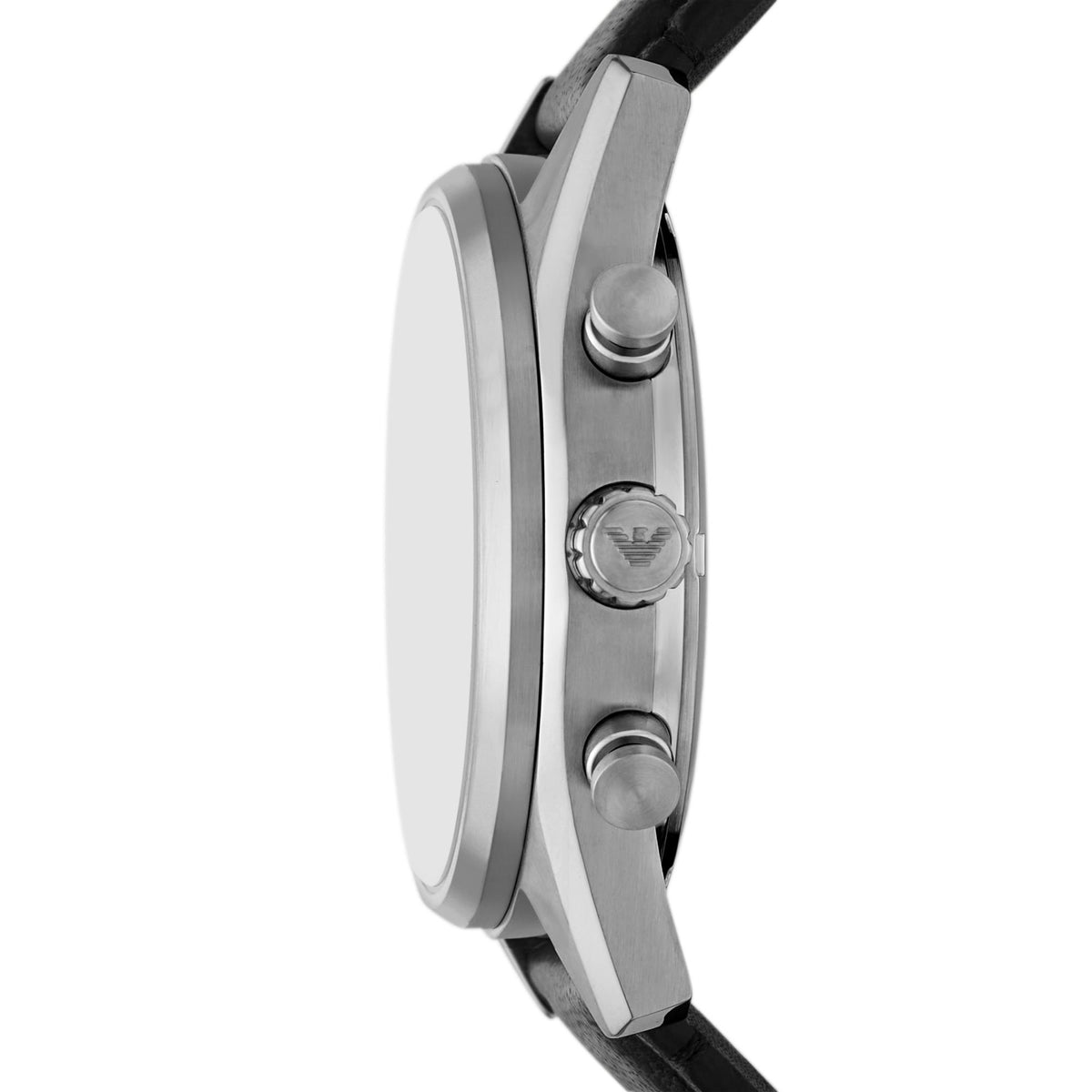 Emporio Armani Gianni T-Bar AR11677 side profile showing smooth bezel edge and branded crown