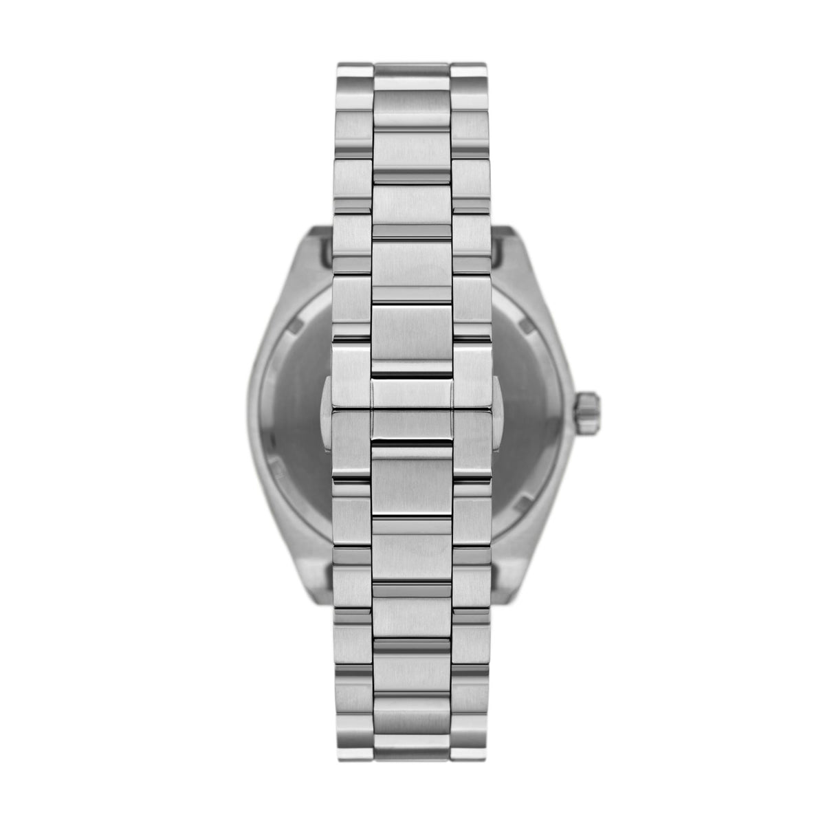 Men's steel quartz watch with linked bracelet, back view