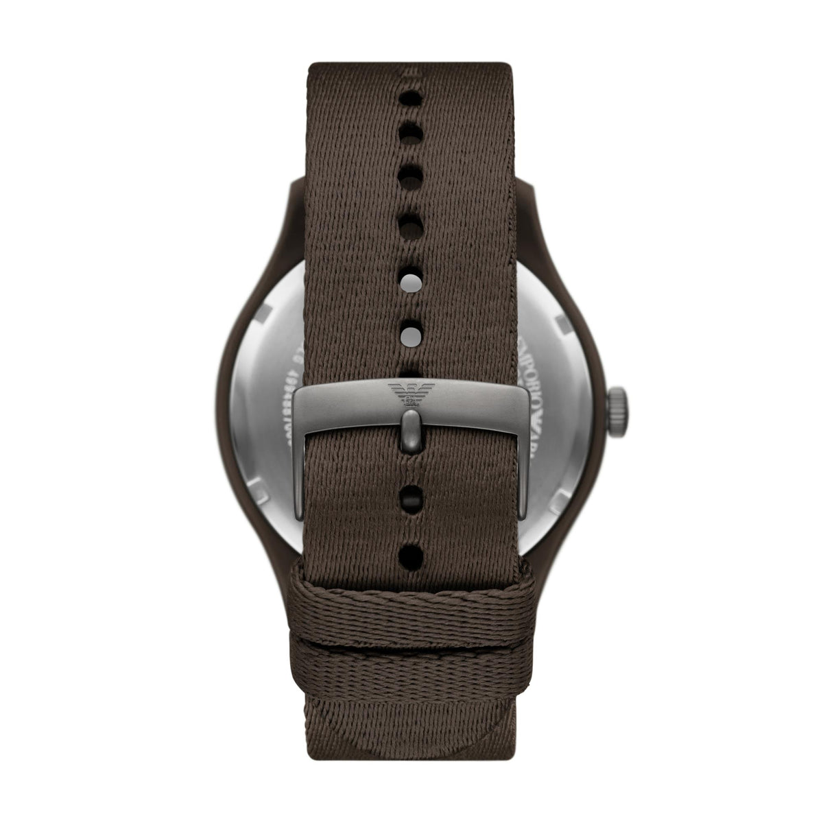 Men's Emporio Armani watch back view with brown fabric strap and metal buckle