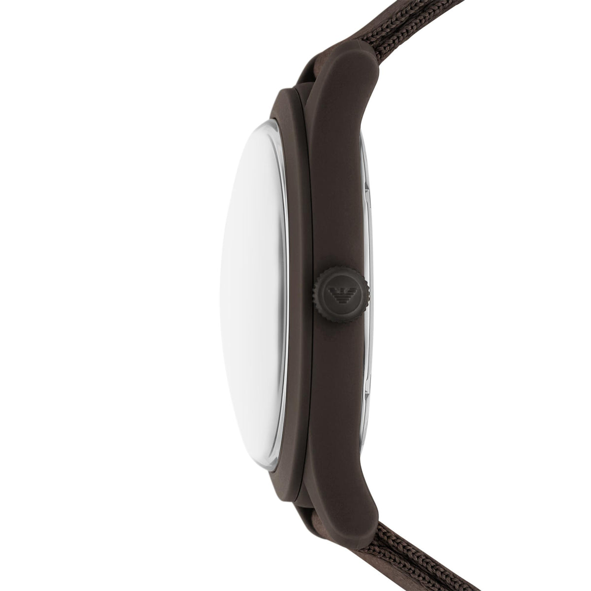Men's Emporio Armani watch side profile with crown and brown fabric strap