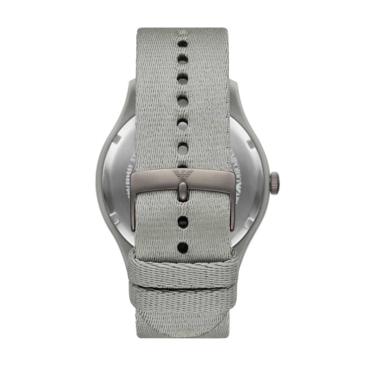 Gray fabric watch strap with pin buckle and perforation holes, underside view
