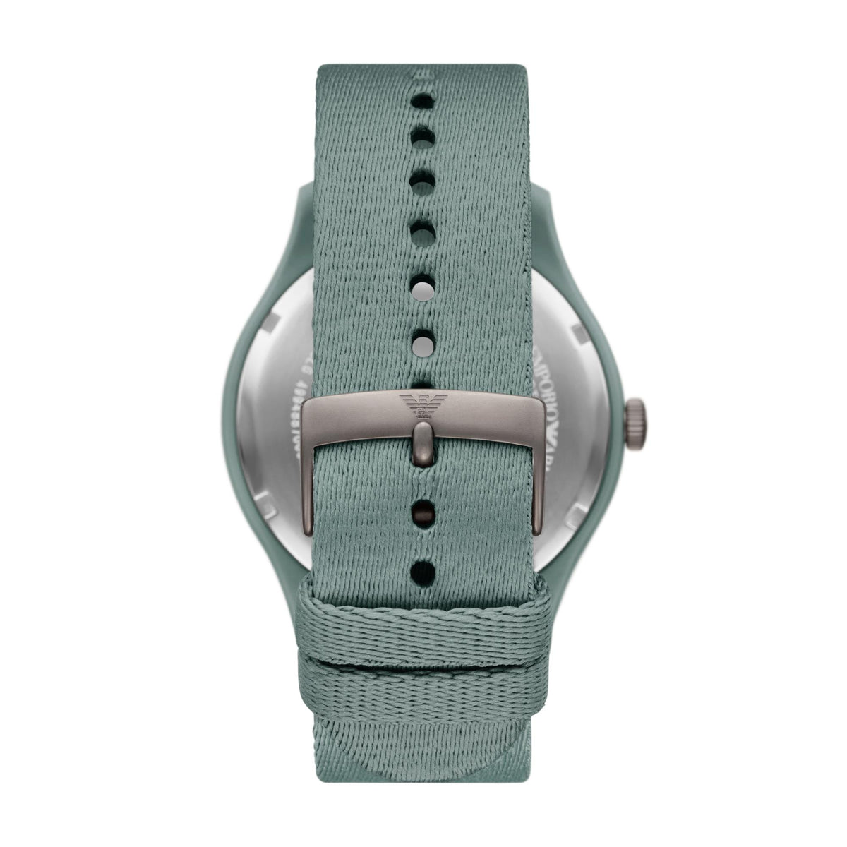 Teal green quartz wristwatch with fabric strap and buckle closure
