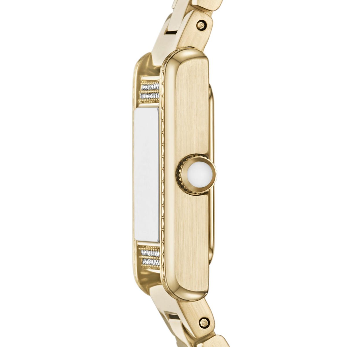 Side view of the Emporio Armani Genni AR11663 watch case showing the slim gold-tone profile, crystal-paved bezel edges, and crown detail