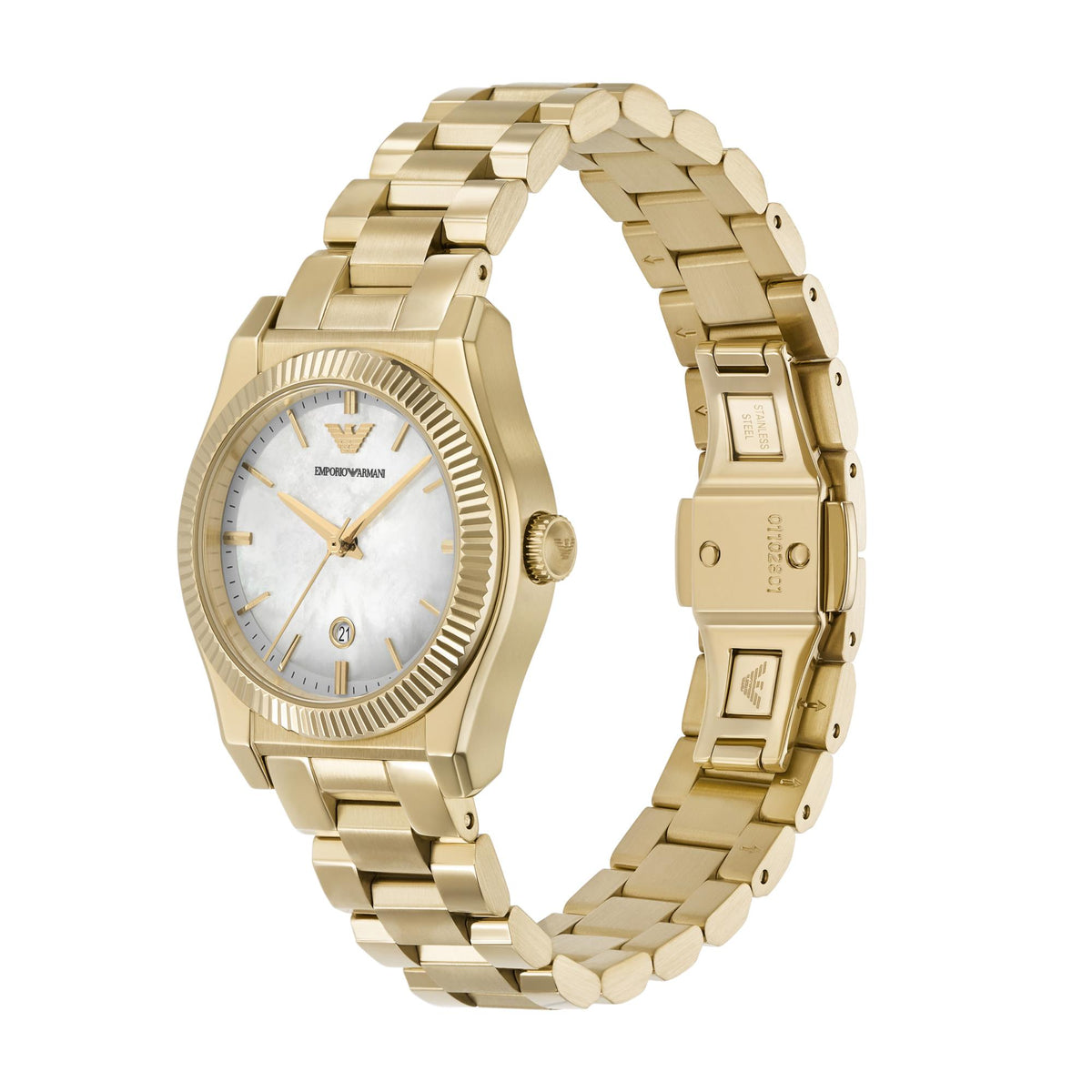 Three-quarter angle view of the Emporio Armani Gianni T-Bar AR11657 watch showcasing the fluted bezel, date aperture, and deployment clasp
