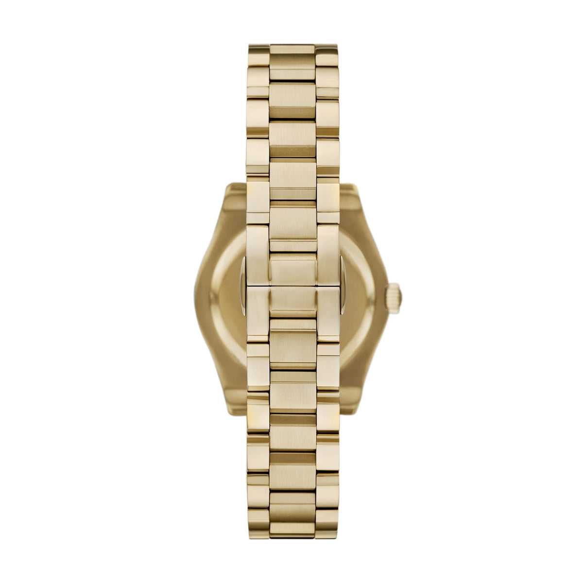 Back view of the Emporio Armani Gianni T-Bar AR11657 displaying the gold-tone steel bracelet and hidden butterfly clasp