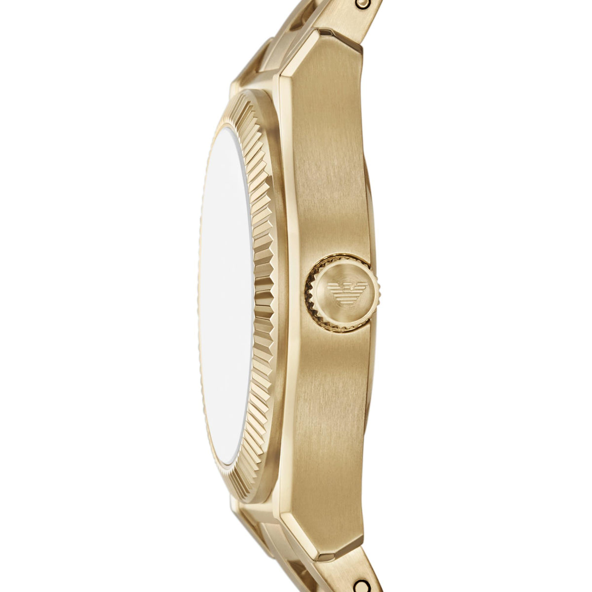 Side profile view of the Emporio Armani Gianni T-Bar AR11657 gold-tone watch case highlighting the branded setting crown