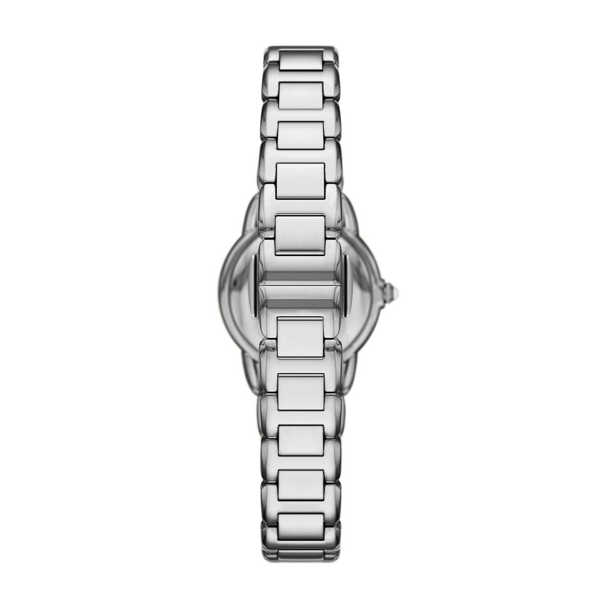 Steel ladies quartz watch with mother-of-pearl dial, linked bracelet, crown side profile