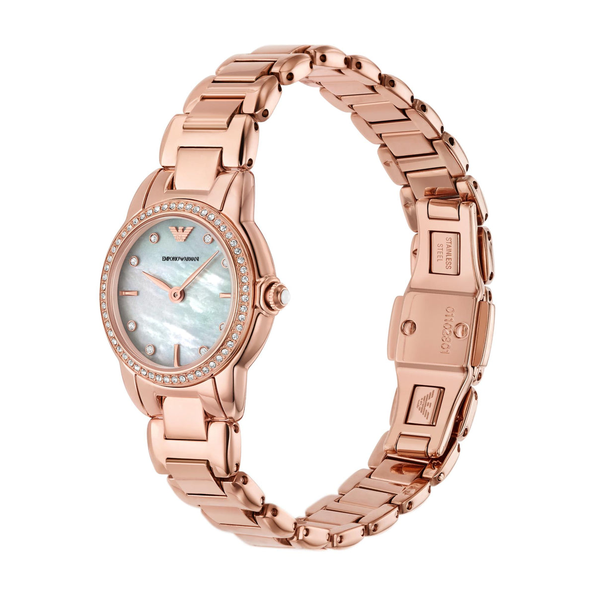 Rose gold tone quartz watch with mother-of-pearl dial, crystal bezel, link bracelet clasp