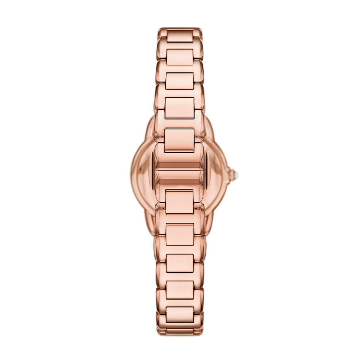 Rose gold tone metal wristwatch case and link bracelet, crown detail visible