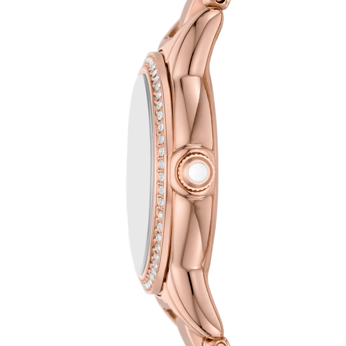 Rose gold tone watch case profile with diamond-like bezel and side crown