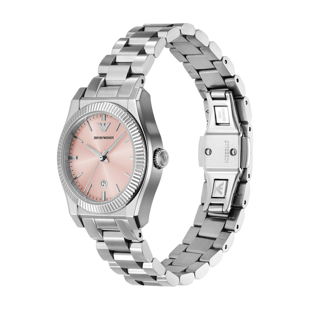 Angle view of the Emporio Armani Federica AR11658 wristwatch showcasing the pink dial layout, metal bracelet, and hidden deployment clasp