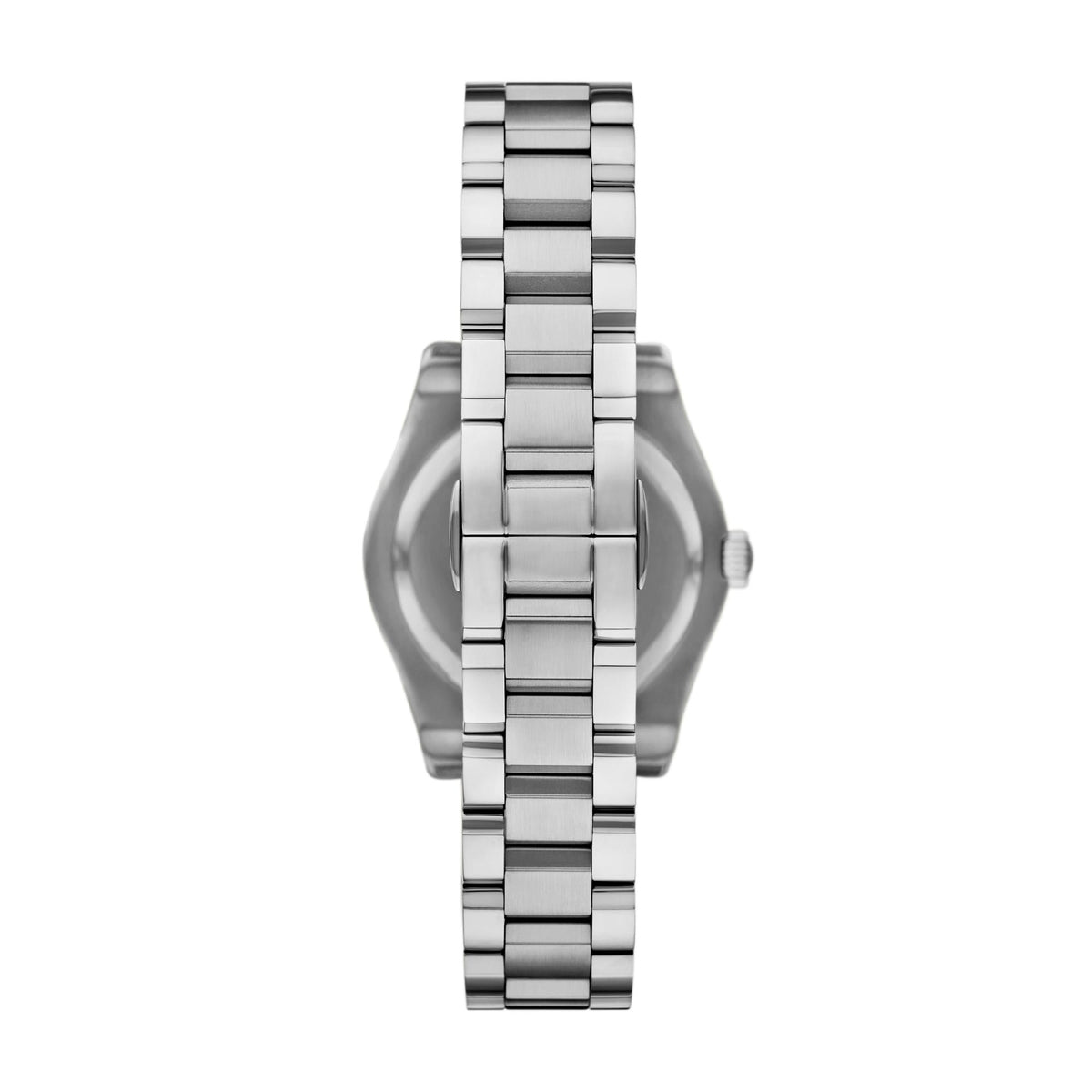 Back view of the Emporio Armani Federica AR11658 detailing the integrated stainless steel bracelet links and case back