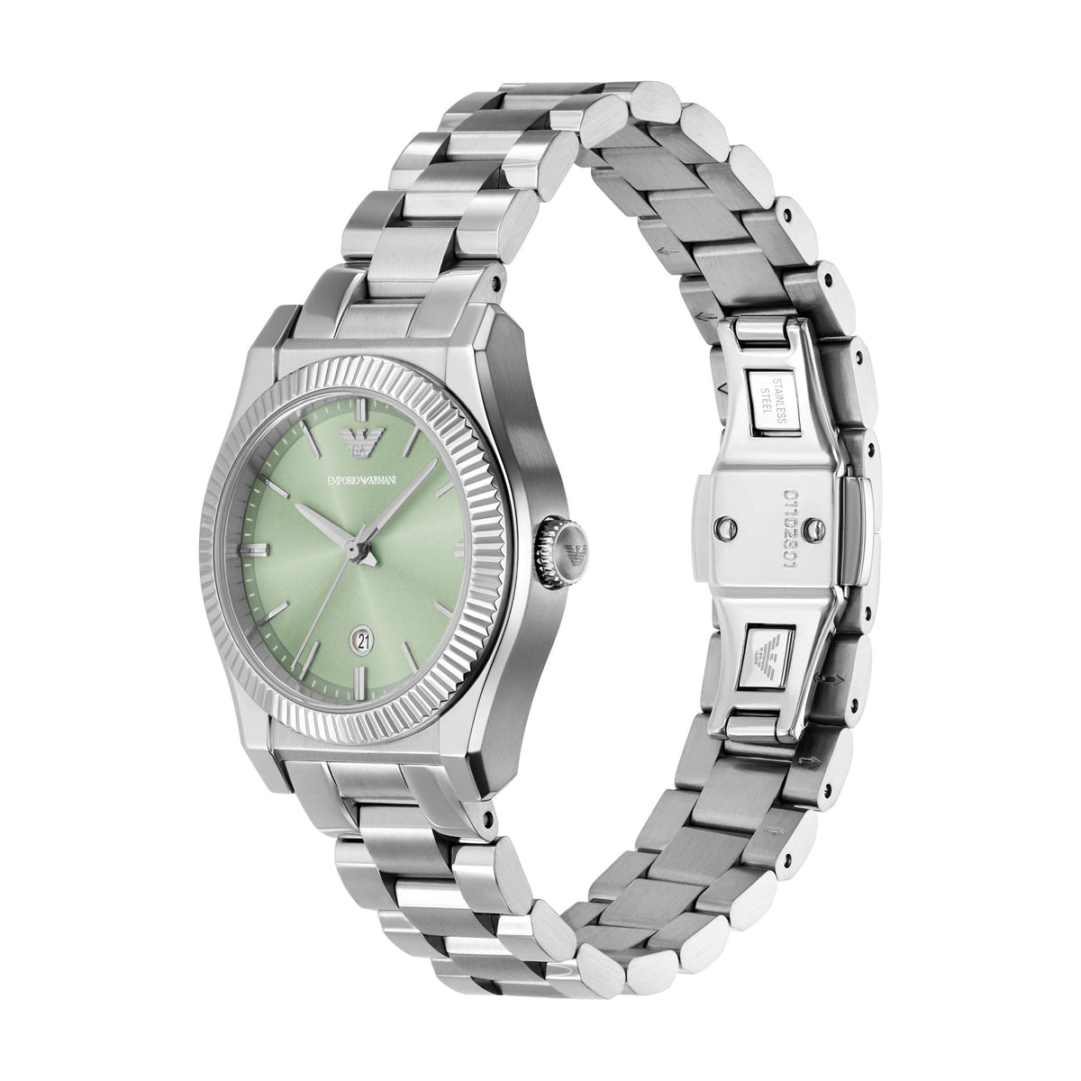 Emporio Armani Federica AR11656 three-quarter angle view detailing green dial and open metal bracelet