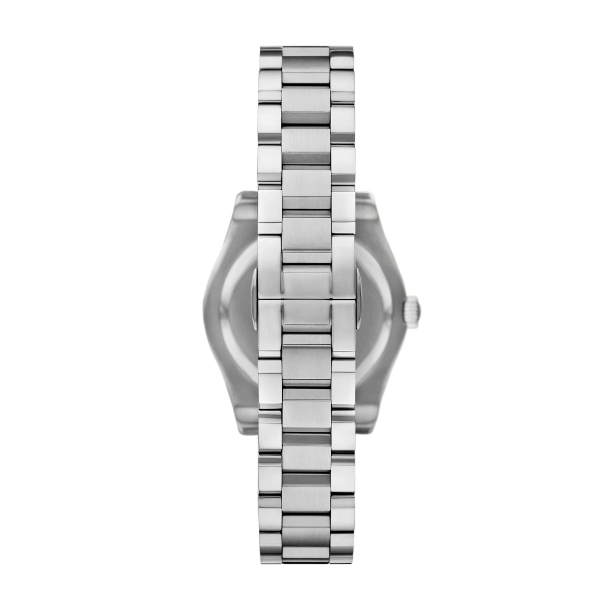 Emporio Armani Federica AR11656 rear view displaying stainless steel link bracelet and deployment clasp