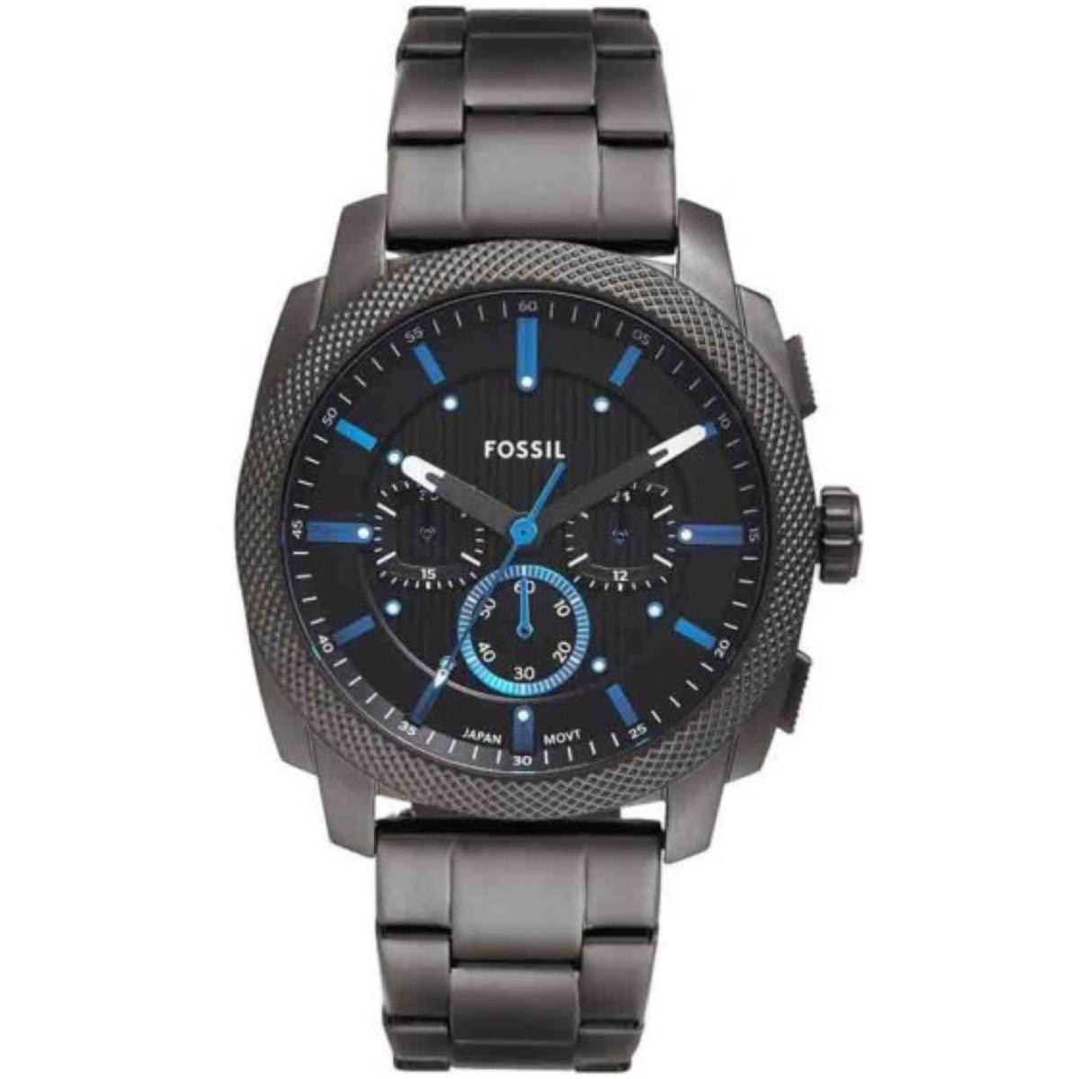 Men's chronograph quartz watch with black dial, blue accents, and steel bracelet