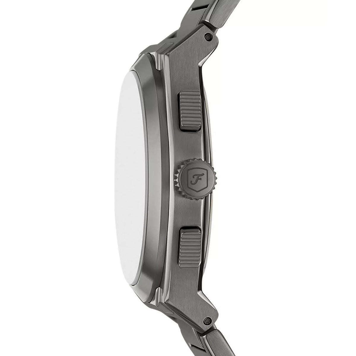 Side perspective of the Fossil Everett FS6107 timepiece detailing the gunmetal-tone case profile, crown, and dual pushers