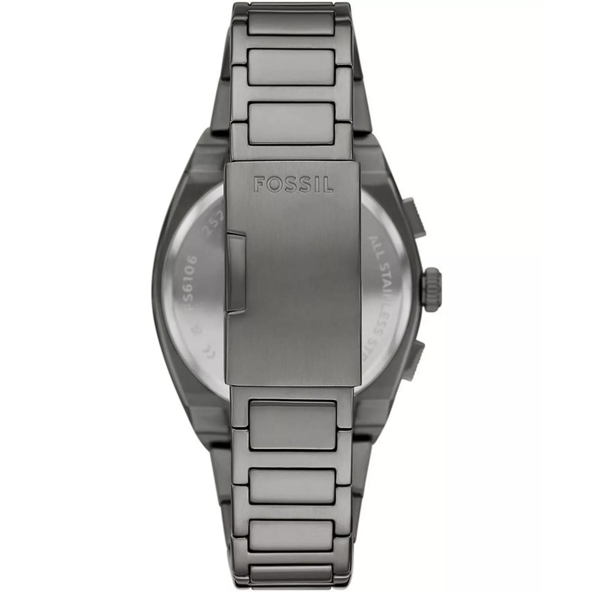 Back view of the Fossil Everett FS6107 watch highlighting the gunmetal steel bracelet, case back, and engraved folding clasp
