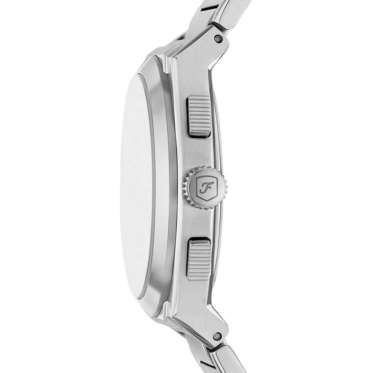 Stainless steel watch case side with textured pushers and crown, on link bracelet