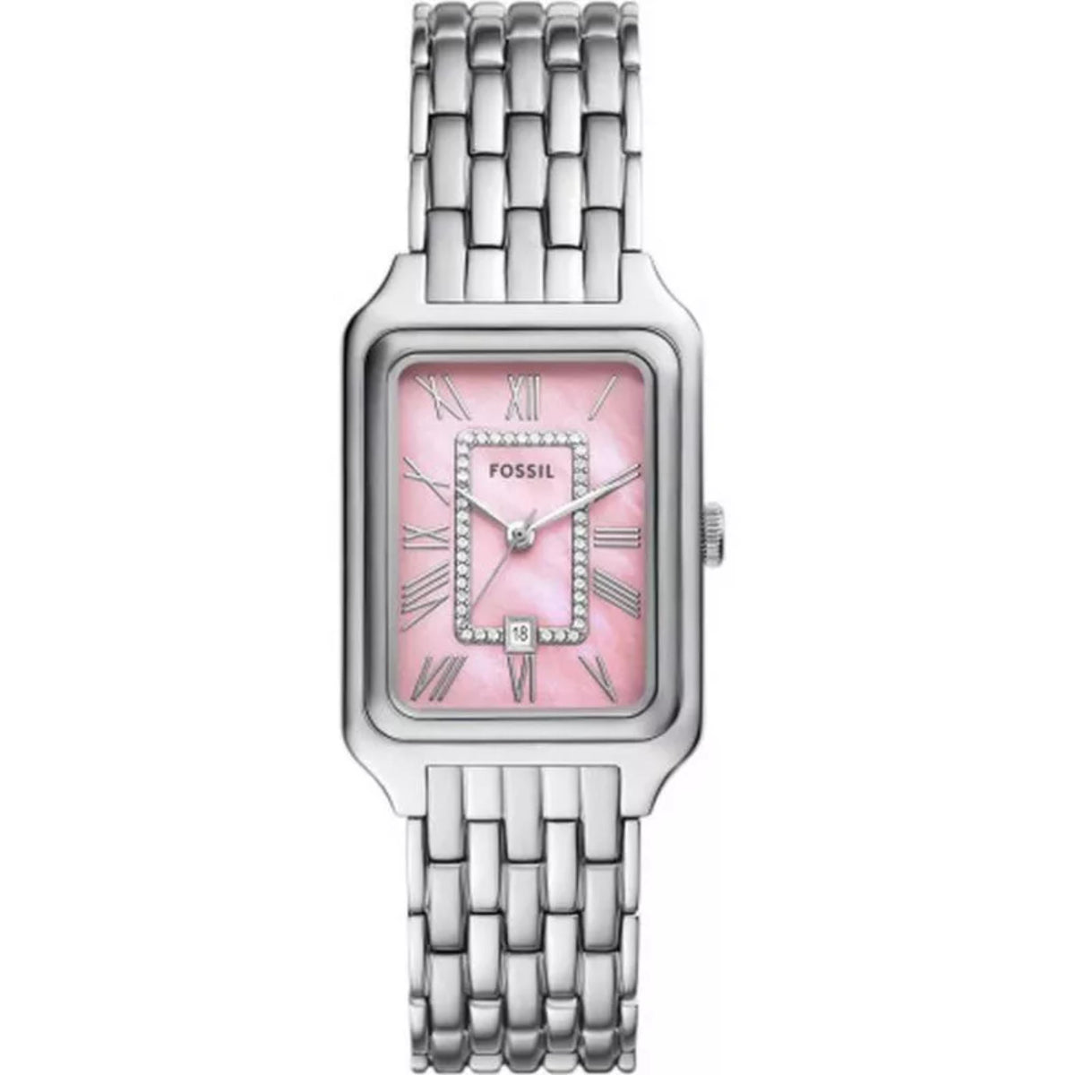 Stainless steel ladies quartz watch with pink mother-of-pearl dial and bracelet