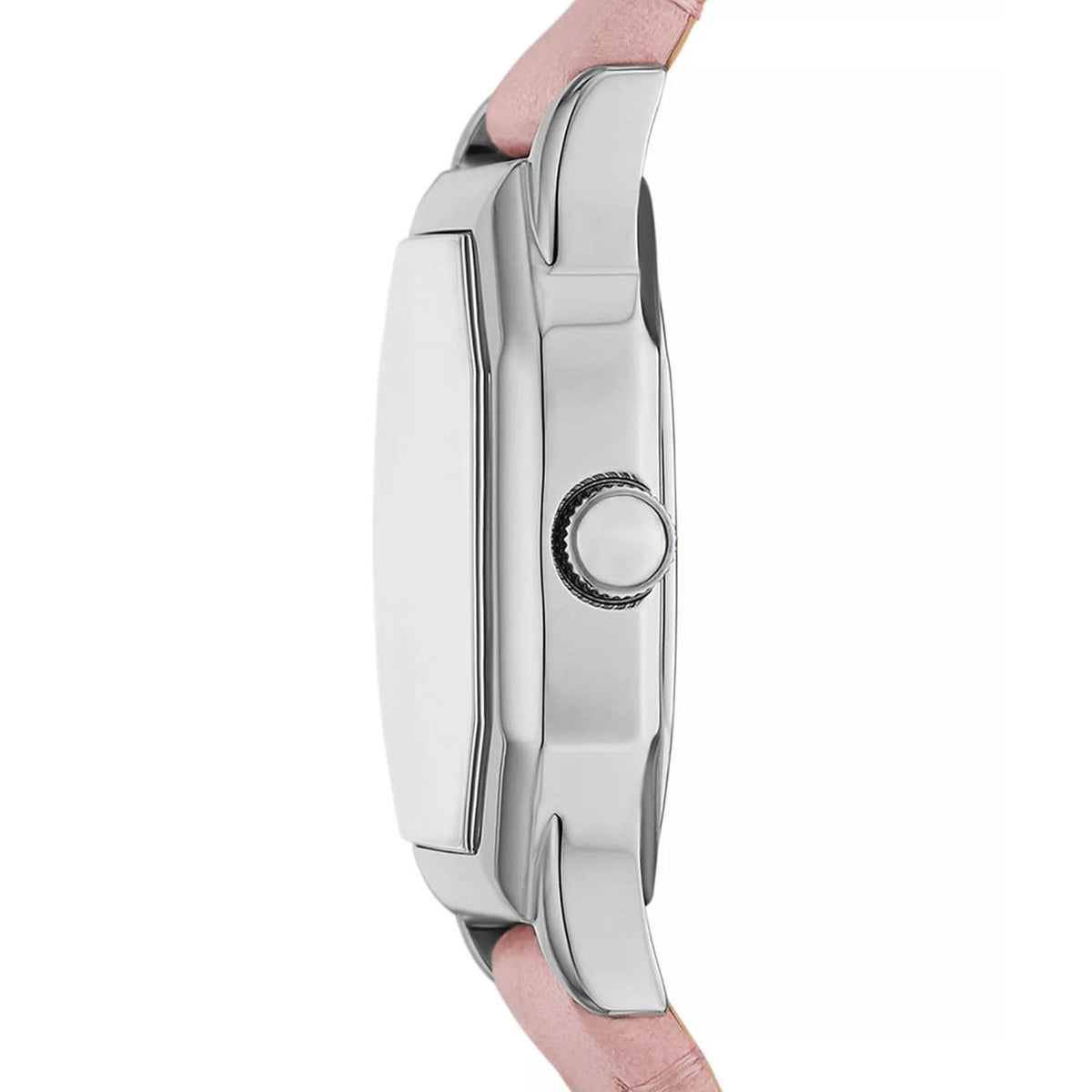 Silver-tone wristwatch case with pink leather strap and round crown on side