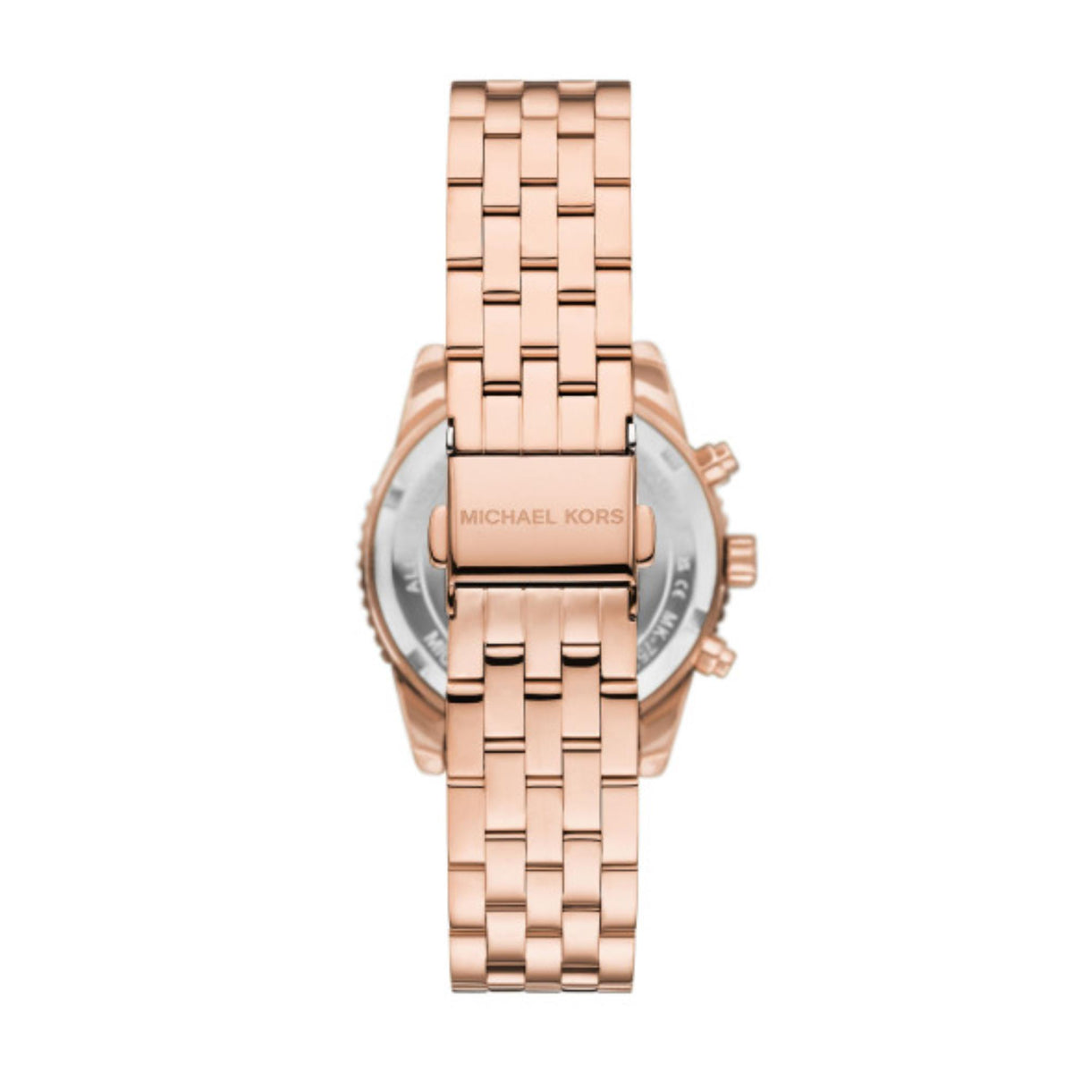 Michael Kors Mini Bryant MK7531 back view displaying the rose gold tone stainless steel bracelet and signature foldover clasp