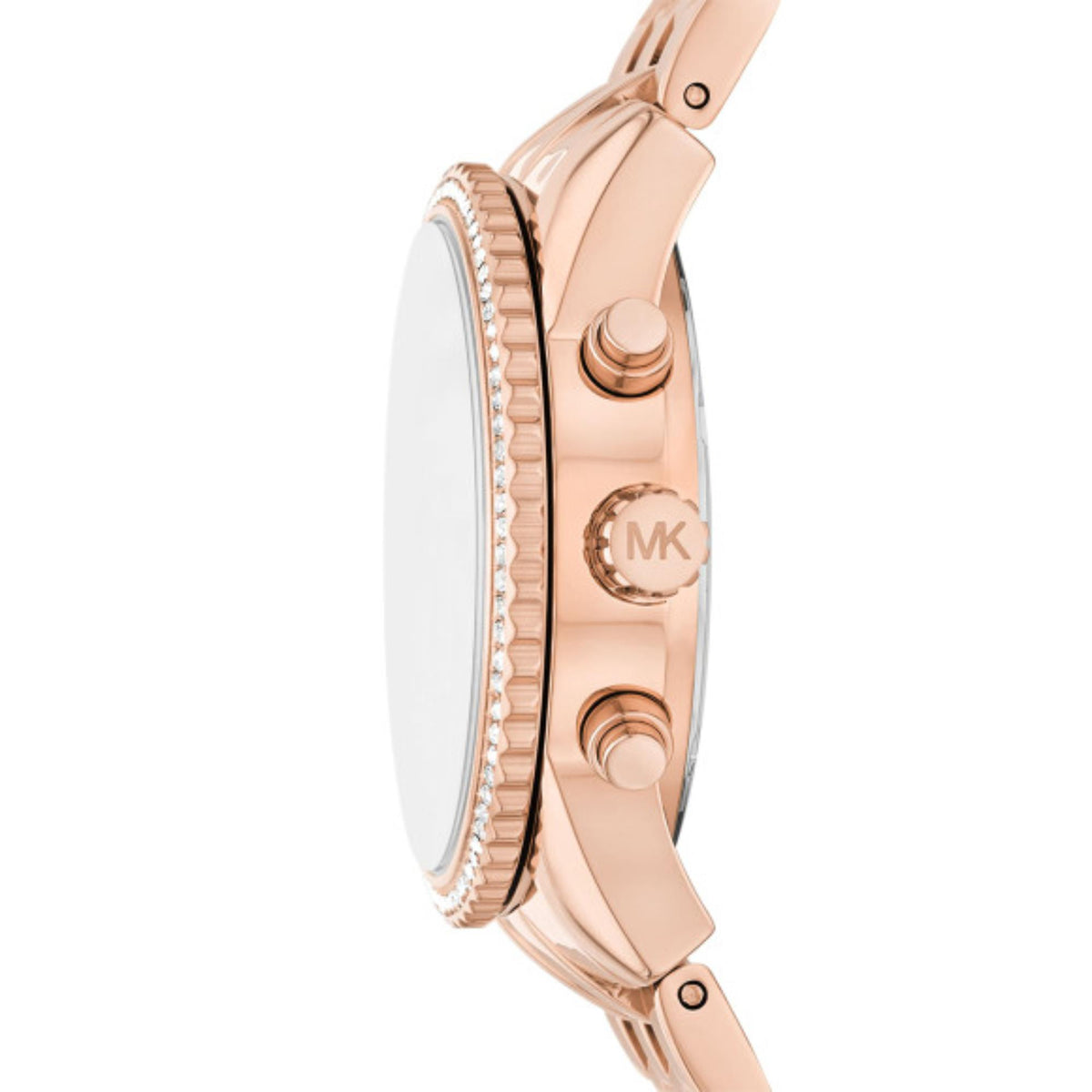 Michael Kors Mini Bryant MK7531 side view featuring the rose gold tone case, crystal set bezel, chronograph pushers, and MK engraved crown