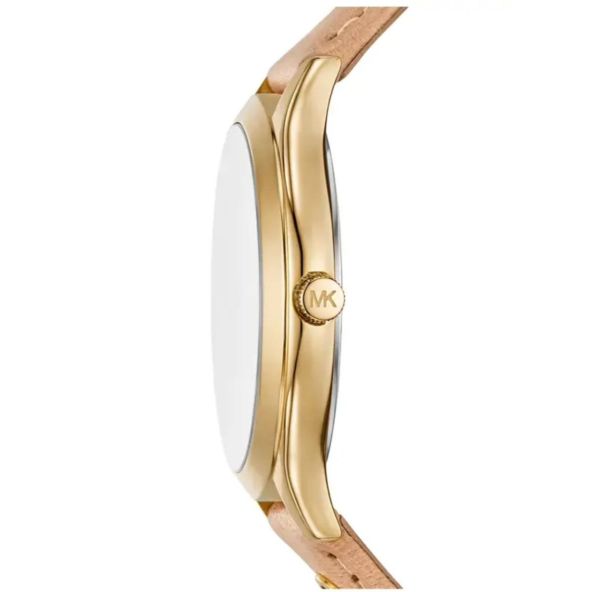 Women's Michael Kors watch side view with gold-tone case and nude leather band