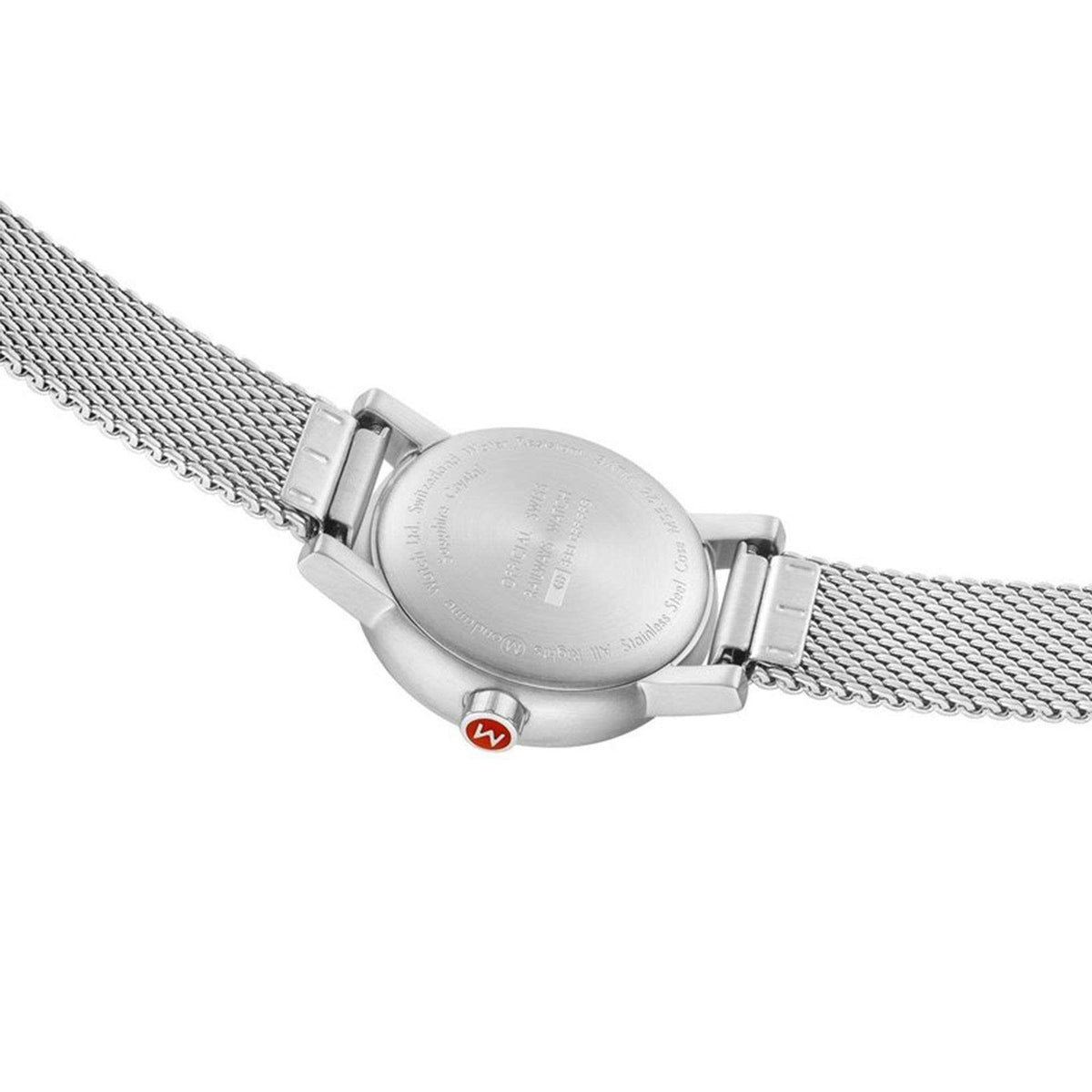 Mondaine Evo2 petite ladies watch caseback with stainless mesh strap and clasp