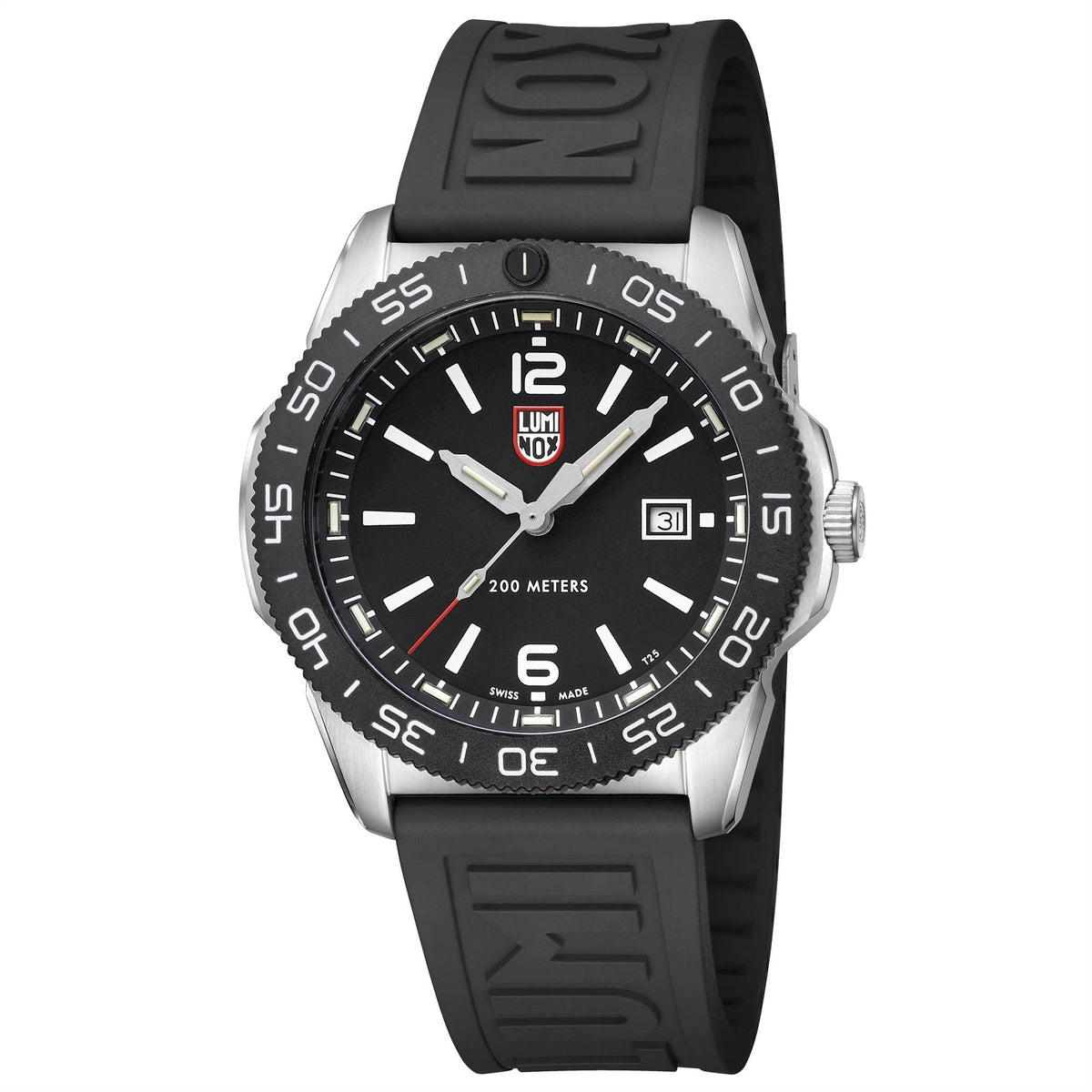 Men's diver watch with black dial, white markers, date window, and black rubber strap.