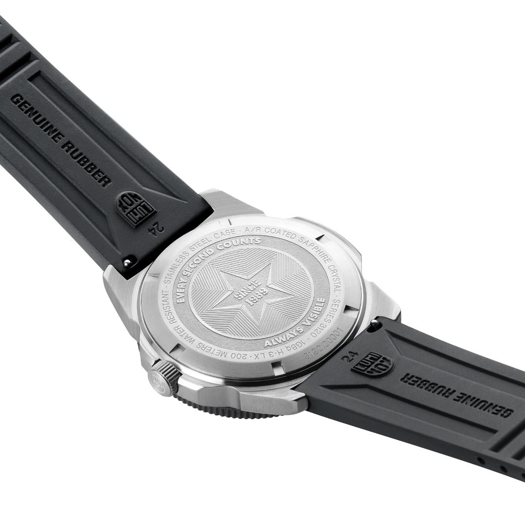 Men's diver watch side view with black rubber strap and metal case back details.