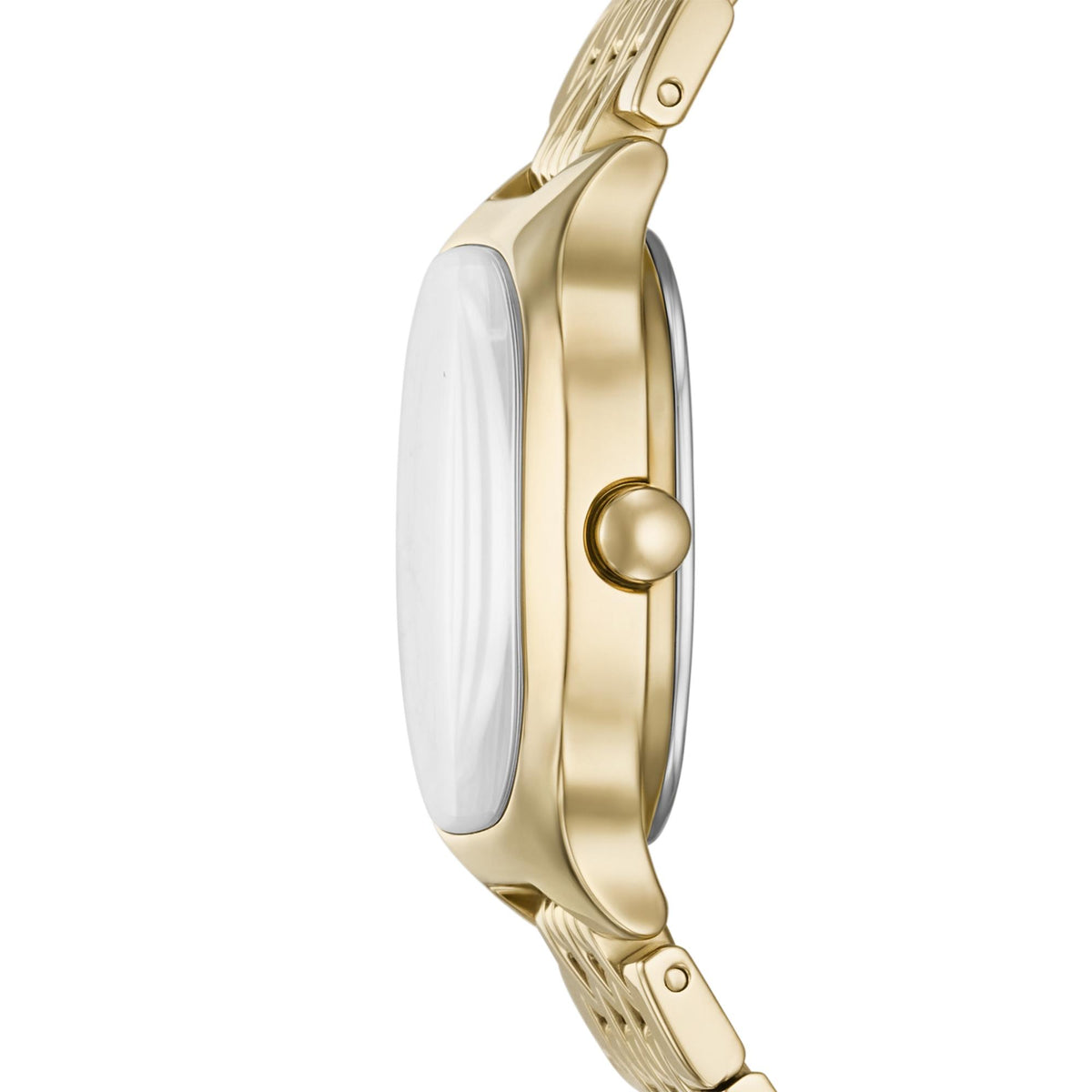 Gold-tone stainless watch case side view with crown and domed profile
