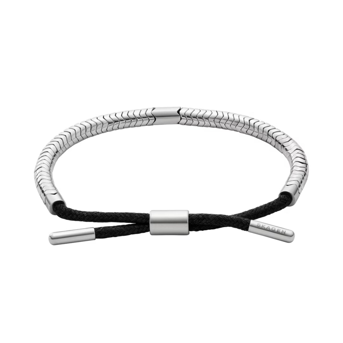 Men's beaded bracelet: black cord, silver-tone barrel beads, clasp bar ends