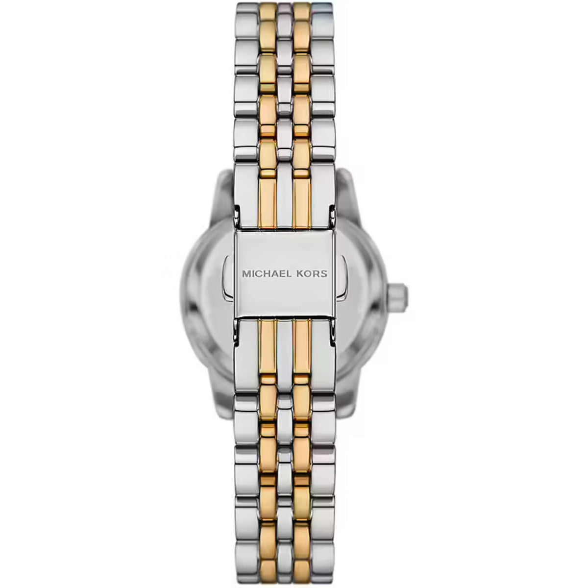 Michael Kors Lexington MK4815SET rear view displaying signature engraved deployment clasp on two-tone stainless steel strap
