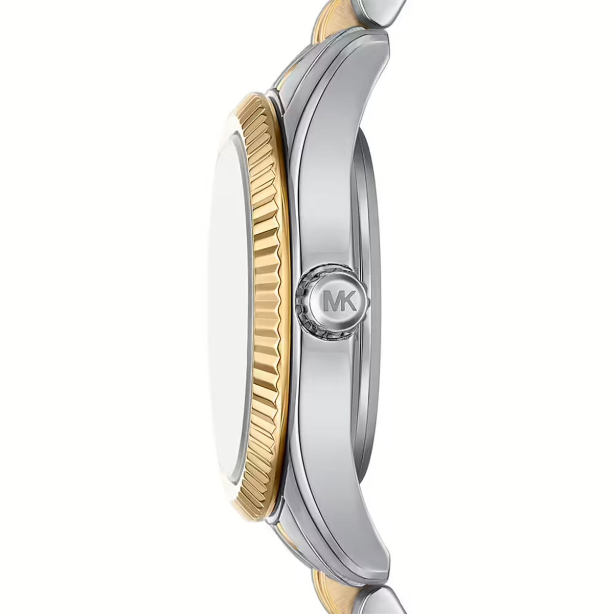Michael Kors Lexington MK4815SET side angle showcasing gold-tone coin edge bezel and MK branded crown